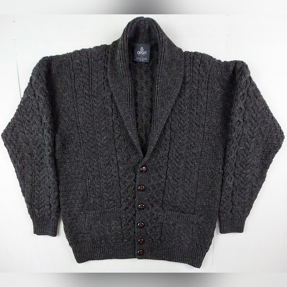 Aran Woollen Mills Cardigan Sweater Mens Size Large Charcoal Gray Wool Ireland